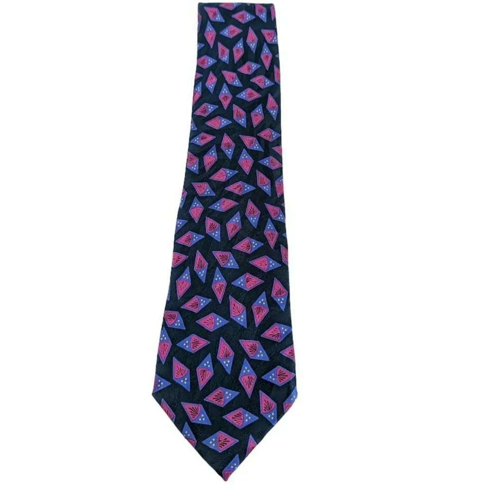 Serica Tie Black Pink Purple Yellow Art Deco Abstract Print Pure Italian Silk